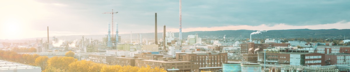 Sicht nach Norden auf den Industriepark Höchst. Gebäude, Bäume und Anlagen zieren das Bild