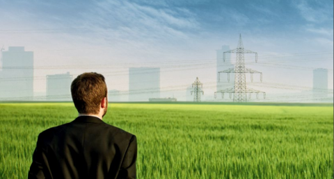Sicht von hinten eines Mannes, der vor einem grünen Feld steht und auf Strommasten blickt 